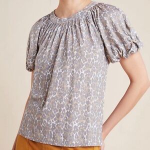 Maeve by Anthropologie 100% Linen Puff Sleeve Animal Print Top | Size Medium